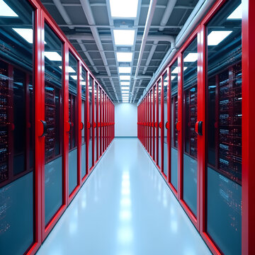 Long perspective of a high-tech server room: red server racks with visible equipment under industrial ceilings and natural light illuminating blue floors