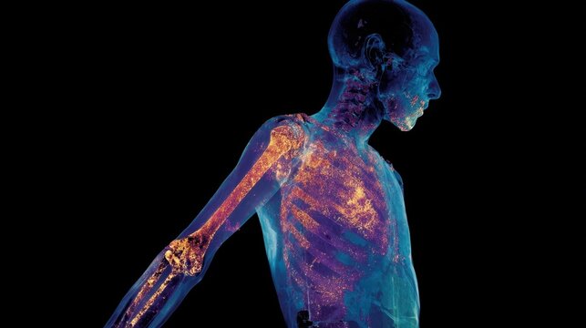 Patient silhouette highlighting affected joints with overlay of pigment deposits demonstrating symptomatic ochronosis from alkaptonuria.