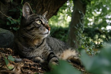 Obraz premium A tabby cat rests peacefully, gazing attentively towards the right, under a tree.