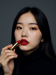 Obraz premium A Moment of Perfection Woman Applying Vibrant Red Lipstick with a Direct Gaze.