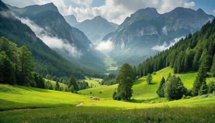 Vibrant green valley with rolling hills, rich trees leads to majestic mountains under cloudy sky. Sunlight breaks through, illuminating serene landscape ideal for nature wallpapers, scenic