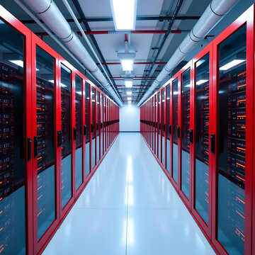Symmetrical modern data center corridor with red-framed glass server cabinets under exposed ductwork and natural skylights, reflecting on a light blue floor.
