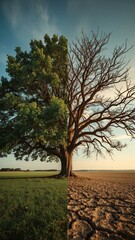 Tree standing with two contrasting halves