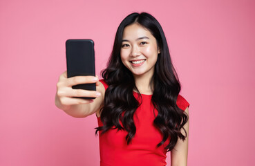 Fototapeta premium Cheerful young Asian woman with long wavy black hair in red dress smiles holding smartphone towards camera. Presents blank screen device for advertising, promotion, marketing. Vibrant pink background.