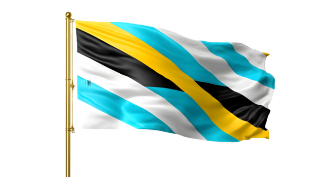 A striped flag with light blue white black and yellow stripes waving on a golden flagpole isolated