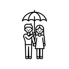 Illustration of a couple holding hands under an umbrella in a simple black and white line drawing style