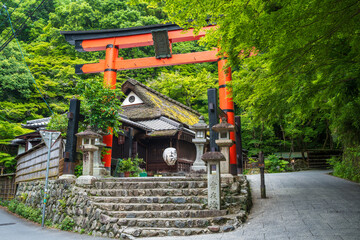 The famous vermilion Ichi no Torii of Atago Shrine, seen with the Hiranoya teahouse and lush summer...
