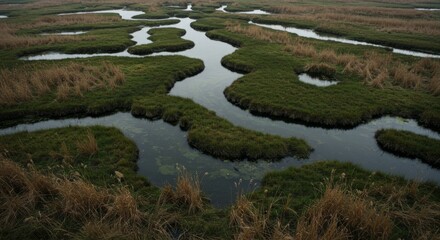 Naklejka premium Aerial View of a Serene Marsh Wetland with Winding Waterways
