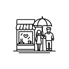 Couple standing under umbrella near a shop with heart decoration and coffee cup in the window display