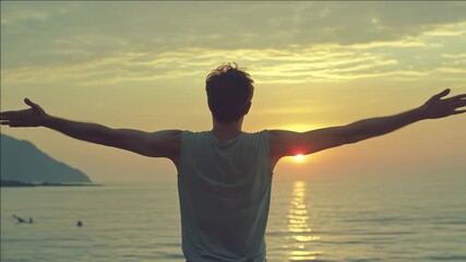 A man spreading his arms wide open to embrace a beautiful sunset on the beach, with calm ocean waves in the background. A serene and picturesque end of day scene.