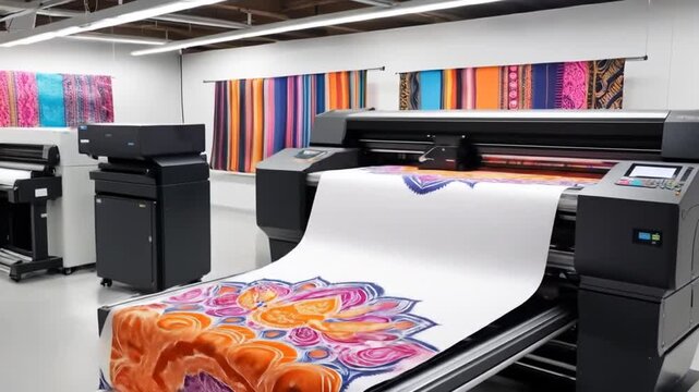 DTF textile printing setup with printer and colorful printed fabric, showcasing vibrant designs and technology. 4k video	
