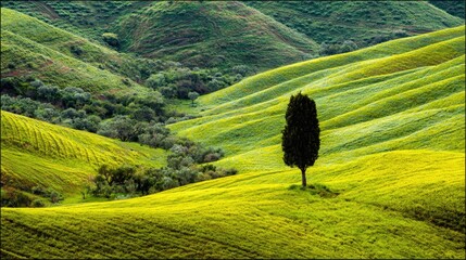 Landscape view with a single tree on a green hill