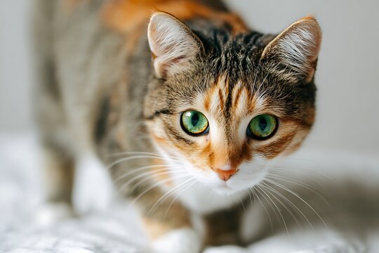 A curious calico cat with striking green eyes approaches the camera, its fur a blend of brown, orange, and white.