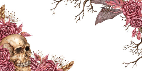 Skulls, burgundy roses, dry branches, dried flowers, brown feathers, bat wings, rectangular frame. Watercolor gothic illustration. Suitable for Halloween and Day of the Dead. Isolated from background.