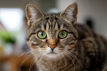 Naklejka premium Close-up portrait of a tabby cat with striking green eyes, looking directly at the viewer.