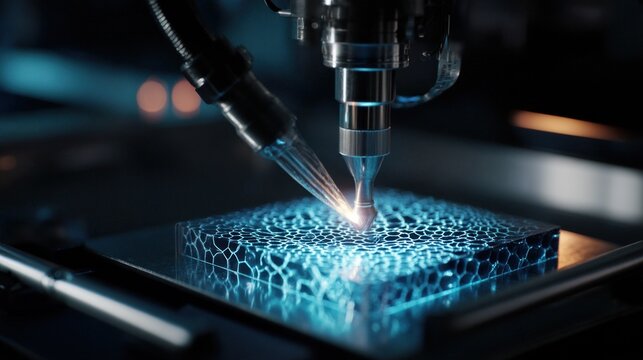 Automated precision machinery uses uv light to solidify a hydrogel substance, creating a form fitting medical dressing in a controlled laboratory environment