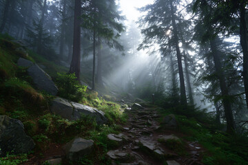 Obraz premium Mystical Forest Path with Sunbeams Through Thick Fog