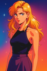 Anime Girl Illustration Retro Portrait Celestial Glow with Starry Gradient