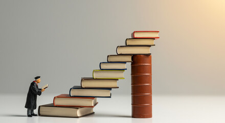 知識の階段を登る学位取得者 - 本を積み重ねた学習の道のりと学問への情熱