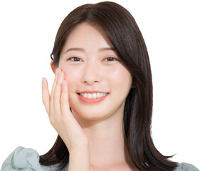 Fototapeta premium 笑顔で喜ぶ若い女性 美容やビューティーイメージのクローズアップ お肌モチモチカメラ目線の背景透明