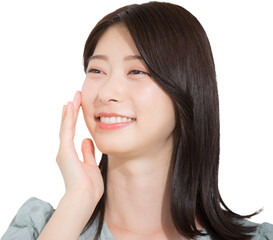 Fototapeta premium 笑顔で喜ぶ若い女性 美容やビューティーイメージのクローズアップ お肌モチモチ背景透明