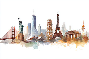 Famou Famous World Landmarks Watercolor Travel Illustration