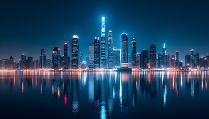 Fototapeta premium Urban Mirage: City Lights Dance on Glass Skyline
