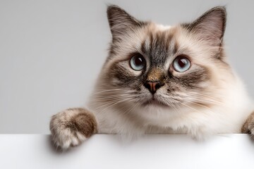 A beautiful Ragdoll cat with striking blue eyes peers over a white ledge, looking directly at the viewer.