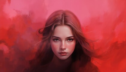Portrait illustration of young woman with flowing hair against soft focus abstract background in shades of red, pink. Image conveys tenderness, beauty, elegance with delicate facial features, makeup.