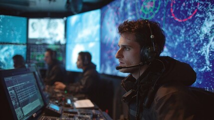 A crew member wearing a headset engaged in communication with others surrounded by multiple screens that display radar images AIS data and navigation charts highlighting potential obstacles.