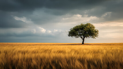 Fototapeta premium Lone Tree in a Golden Field Beneath Stormy Sky with Sunset Light 