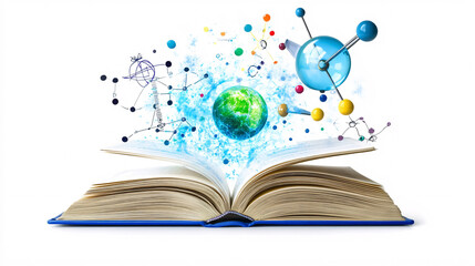 An open learning book displaying science and math concepts, isolated on a white background for clarity.