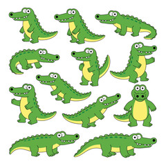 Collection of cute cartoon alligators in various poses and expressions