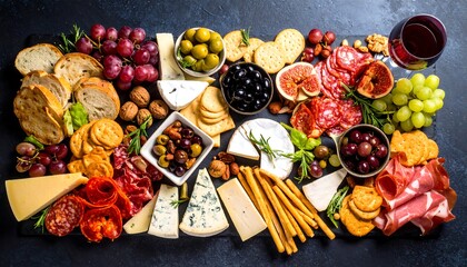 A gourmet charcuterie board overflowing with assorted cheeses, cured meats, crackers, fruits, nuts, and olives