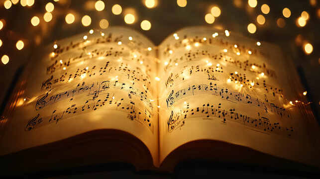 An open sheet music book displaying detailed musical notes, softly illuminated by warm light. - Powered by Adobe