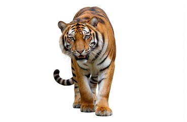 Obraz premium Majestic tiger walks forward. Close-up on its striped orange and black fur, powerful paws, and intense gaze. Isolated on a clean white background, perfect for wildlife or zoo themes.