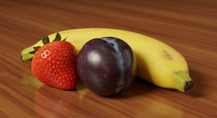 Ripe Strawberry Plum and Banana on Wooden Table