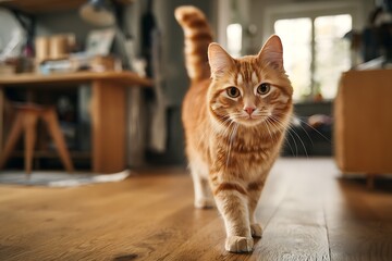 An orange tabby cat confidently walks towards the viewer in a home interior.