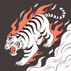 A roaring white tiger with black stripes and red flames, in bold tattoo style