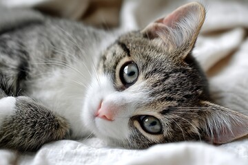 A young tabby cat is resting comfortably on a soft, white blanket, gazing towards the viewer.