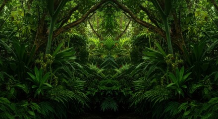 Lush Green Tropical Jungle with Symmetrical Foliage
