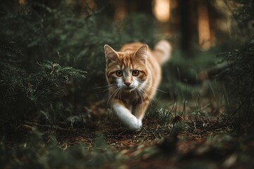 A ginger cat with white paws walks towards the camera through a dark, leafy forest.