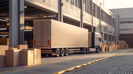 Delivery boxes are optimized and packed onto a large truck outside a warehouse.