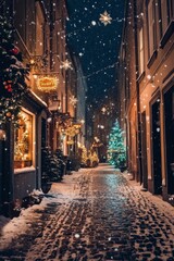 Obraz premium Charming winter night on a snow covered cobblestone street adorned with cozy holiday lights