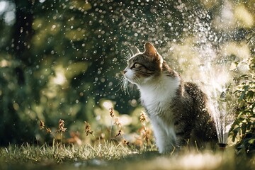A tabby cat sits outdoors, enjoying the spray of water droplets in a sunlit garden.