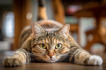 A tabby cat stretches out on a wooden floor, looking directly at the camera with bright yellow eyes.