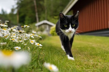 Black and white cat strolls through a grassy garden with wildflowers.