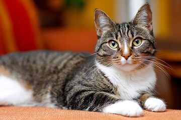 A tabby cat with white chest and paws rests comfortably on an orange surface, looking directly at the viewer.