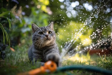 Playful gray tabby cat interacting with a garden hose spraying water.