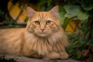 Close-up of a ginger cat resting amongst greenery.